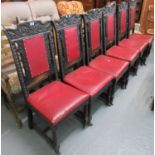 Set of six late Victorian stained oak high back dining chairs with padded back and stuff over seats,