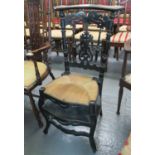 19th century ebonised prie dieu chair on wicker seat having the initials M.P. (B.P. 21% + VAT)