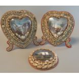 Pair of shell mounted, free standing, heart-shaped sailor's valentines with printed marine study