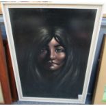 Indistinctly signed, striking portrait of a young girl. Coloured print. 80 x 55cm approx. Framed. (