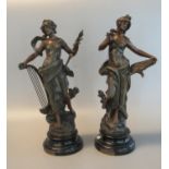Pair of early 20th century French spelter figurines, 'La Melodie' on ebonised socle bases. (2) (B.P.