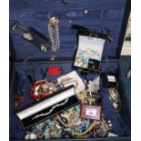 Suitcase containing assorted vintage and other costume jewellery, silver earrings, silver