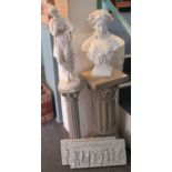 Collection of marble finish and plaster decorative items to include classical bust, female figurine,