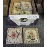Box of Victorian wall tiles, two patterns one illustrated with a pink flower and the other with