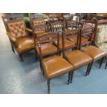 Set of eight Edwardian oak parlour chairs to include one arm chair with padded arms, all standing on