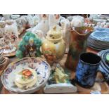 Tray of ceramic to include Ewenny pottery conical jug, Ainsley Orchard Gold trinket box and cover,