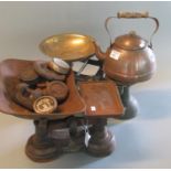 Two vintage cast iron scales with weights, together with a copper kettle. (B.P. 21% + VAT)