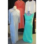 Four vintage 1960s maxi dresses, one with an orange lace bodice and pearl bead detail above a