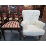 Victorian style button-back upholstered armchair, together with an Edwardian style mahogany open
