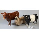 Brown cow has part of leg detached but is present.Three Beswick animals to include Wensleydale sheep