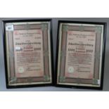 Two WWII Third Reich stock bonds dated 1940, a thousand Reichmarks, Swastika and eagle in white