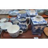 Tray of blue and white transfer printed items to include two Ringtons tea cannisters/caddies, Adam's