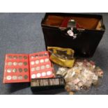 Leather Gladstone type bag comprising assorted coins, GB coin library album, crowns, 2 dollar coins,