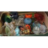 Box of assorted glass ware to include Murano style glass basket, coloured glass ware, cranberry