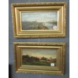 British school (early 20th century), country landscapes with churches, river, etc. Oils on canvas.