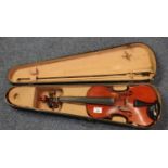 Cased two piece Back student violin, the interior marked No B, with bow. (B.P. 21% + VAT)