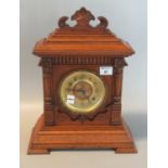 Early 20th century oak architectural two-train mantel clock, Ansonia Clock Co. U.S.A. Overall 45cm