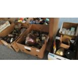 Three boxes of assorted metal ware to include small copper watering can, a Port copper lantern,