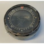 British military card compass in spring mounted gimballed case. Bezel loose. 20cm diameter