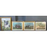 Group of assorted furnishing pictures, equestrian studies, portrait of a Collie dog, etc. Framed. (