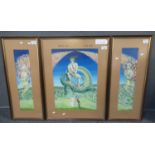 Lynne Denman, triptych from Llanfihangel Rhos y Corn, watercolours. Framed. (3) (B.P. 21% + VAT)