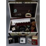 Vanity case of assorted vintage and other jewellery, watches, silver bracelet and other silver