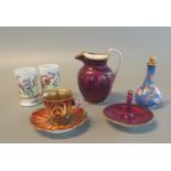 Group of Spode porcelain items to include unusual purple ground baluster jug decorated with