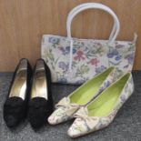 Matching Franchetti Bond shoes and handbag in tapestry effect with garden flowers on a cream