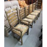 Set of five ladder back kitchen chairs. (4+1) Together with another oak ladder back style chair. (6)