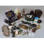 Shoebox of oddments to include silver atomiser, mesh bag, costume jewellery, thimbles, boxes,