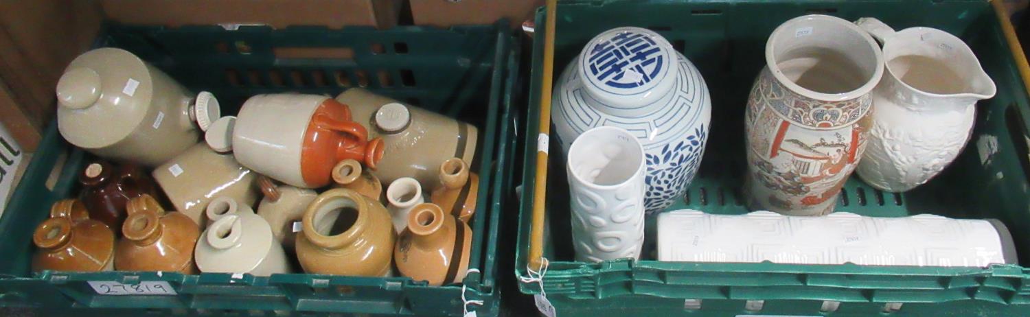 Two boxes of assorted china and ston ware to include a Japanese vase, a Staffordshire salt glazed