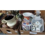 Two boxes of, largely pottery vases, together with a small box of crested Czechoslovakian Gemma ware