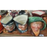 Tray of five character jugs and one Tobi jug to include a Royal Doulton Sir John Falstaff toby