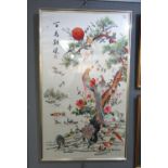 Large Oriental embroidered silk panel featuring birds of all shapes, sizes, and varieties, around