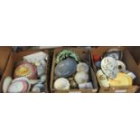 Three boxes of assorted china and pottery to include a signed Denby avocado-shaped dish decorated