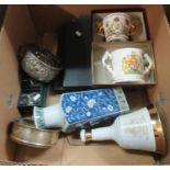 Box containing various items to include: Bell's scotch whisky ceramic bell to commemorate the