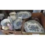Two boxes of china and glass to include 18th century transfer printed meat dishes, large early