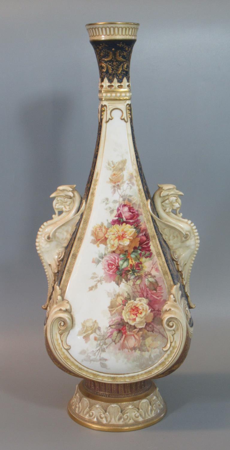 Late 19th/early 20th century Doulton Burslem Vellum two-handled vase, hand painted with reverse