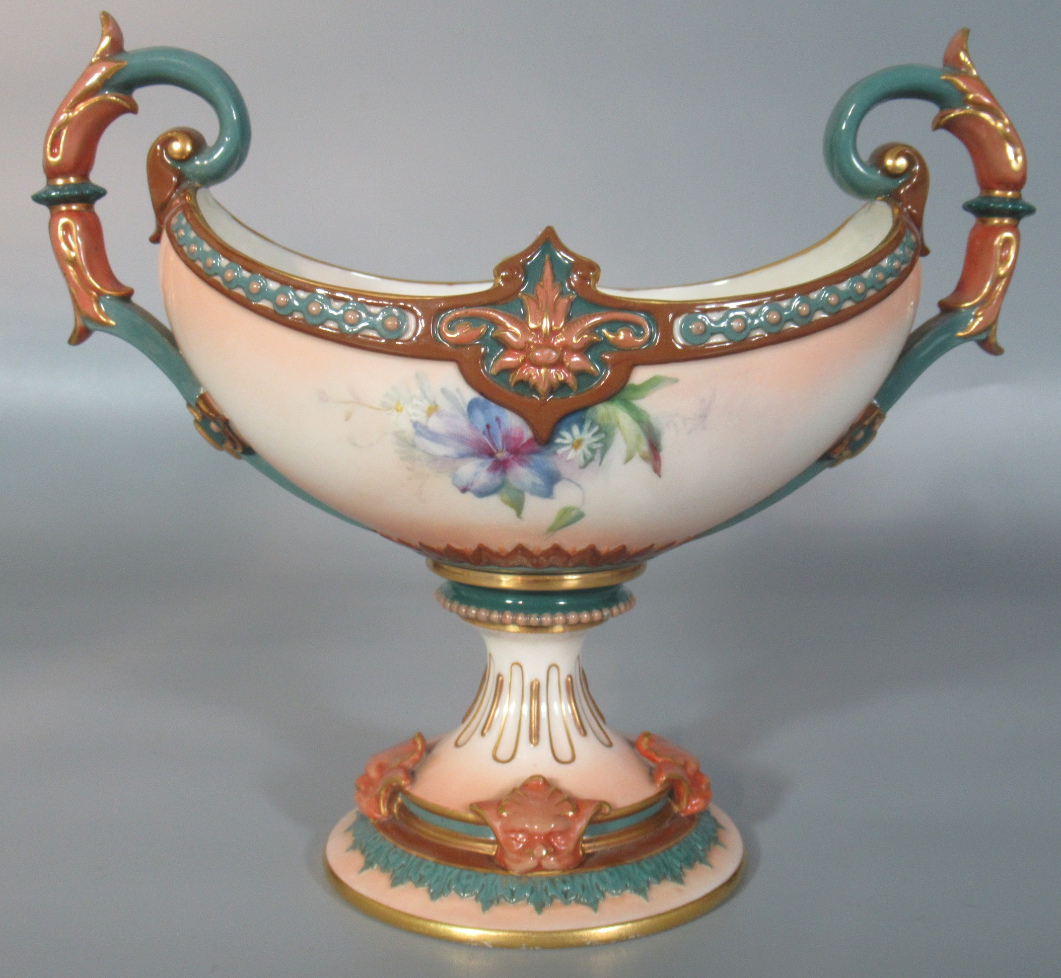 Early 20th century Hadley Worcester boat shaped two-handled vase, hand painted with clematis above a - Image 3 of 3