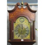 Edwardian inlaid mahogany three train longcase clock having arched brass face with silvered Roman