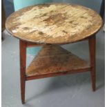 19th century traditional Welsh pine cricket table with triangular under-tier. 79cm diameter, 76cm