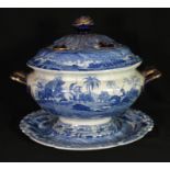 Early 19th century blue and white transfer printed Spode Indian Sporting Series two-handled lidded