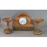 Early 20th century art deco design rouge marble two train clock garniture, the pointed arch clock