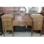 Early 20th century Adams style sideboard, the brass pierced and decorated rail with central convex