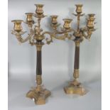 Pair of classical design gilt metal three-branch table candelabra on fluted columns and stylised paw