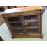 Victorian walnut and mixed woods inlaid peer cabinet, the shaped top above two glazed doors, the