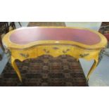 French design birds eye maple kidney shaped ornate writing table, the shaped top inset with red