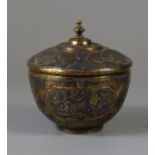 Islamic yellow metal bowl and cover with mixed metal overlay, white metal etc. 9cm high, 8cm