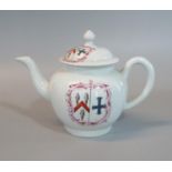 Mid 18th century (probably Chaffers) armorial bullet-shaped teapot and cover, painted with the