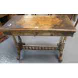 Victorian walnut rectangular fold over card table on end supports with gallery stretcher and out